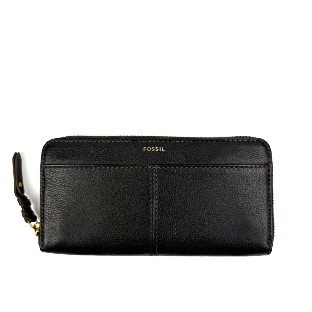 Fossil Tara‎ Wallet Black Leather Zip Around Clutch Accordion Organizer